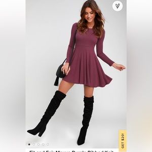 Lulus Fit and Fair Mauve Purple Ribbed Knit Long Sleeve Skater Dress